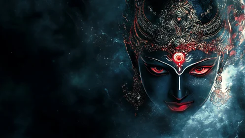 Divine warrior visage in glowing cyan mist and crimson gaze.