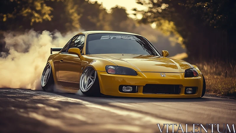 Golden drift rocket carving smoke through a forest lane.