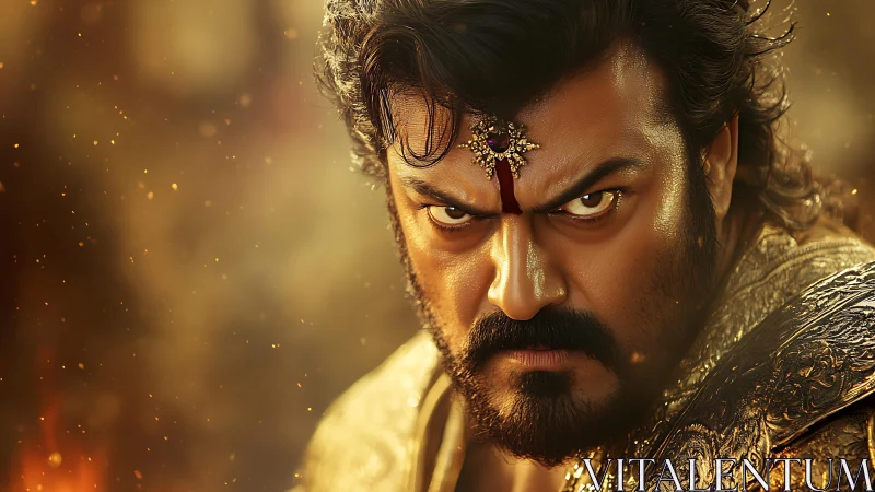 Fierce warrior’s burning gaze in molten golden light.