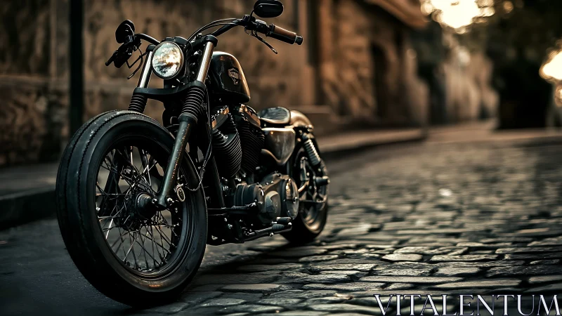 Custom black motorcycle waits on moody cobblestone street