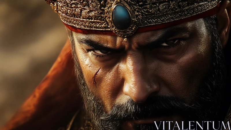 Regal warrior king close up with jeweled crown and scarred face