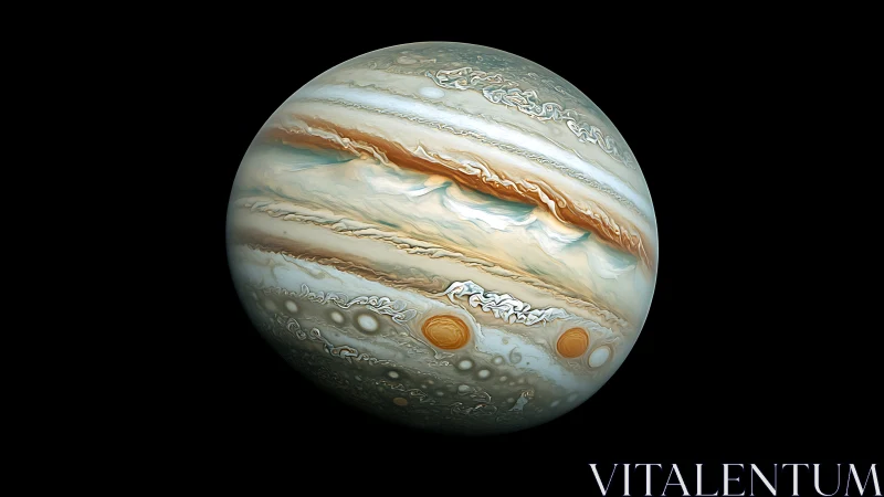 Jupiter gas giant with bands, storms, and Great Red Spot.