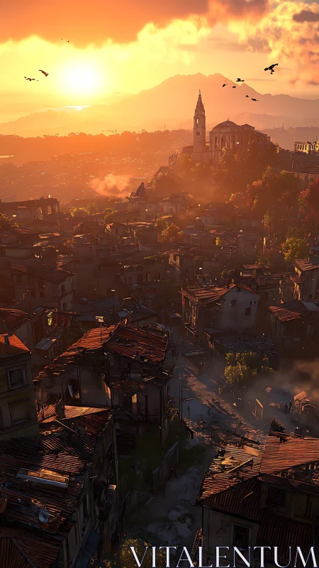 Sunset over hillside city with distant church spire glow.