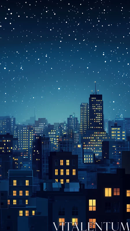 Nocturnal city skyline with layered midrise blocks and star field