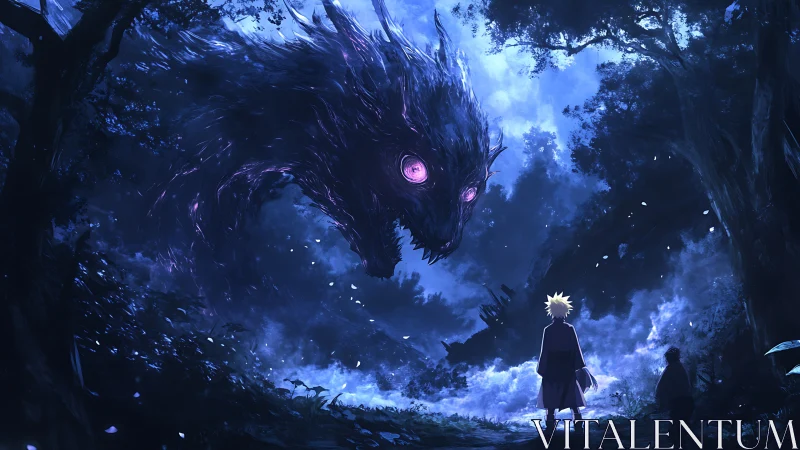 Luminous spirit beast confronting lone figure in moonlit forest