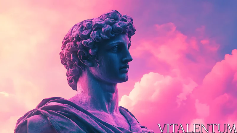 Classical bust rendered against gradient pink cloud sky