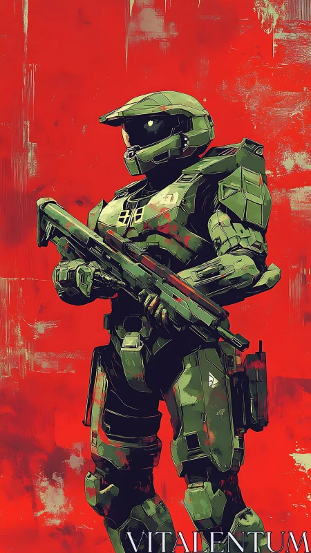 Armored space sentinel strides against a blazing red void.