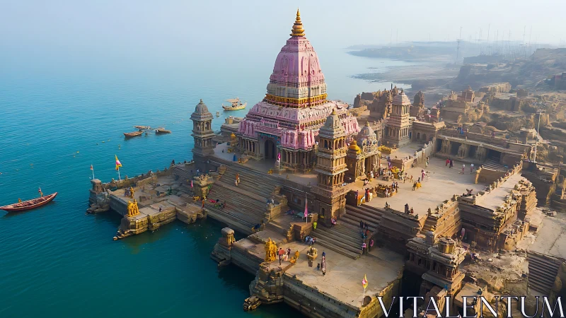 Riverside temple complex in morning haze above tranquil waters.