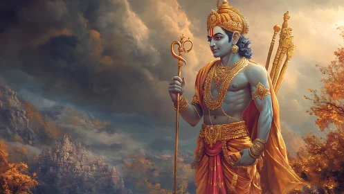 Deity warrior in ornate regalia against storm-lit valley citadel.