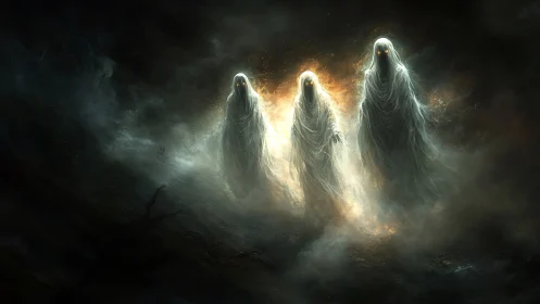 Three glowing phantoms wandering a misty twilight realm.