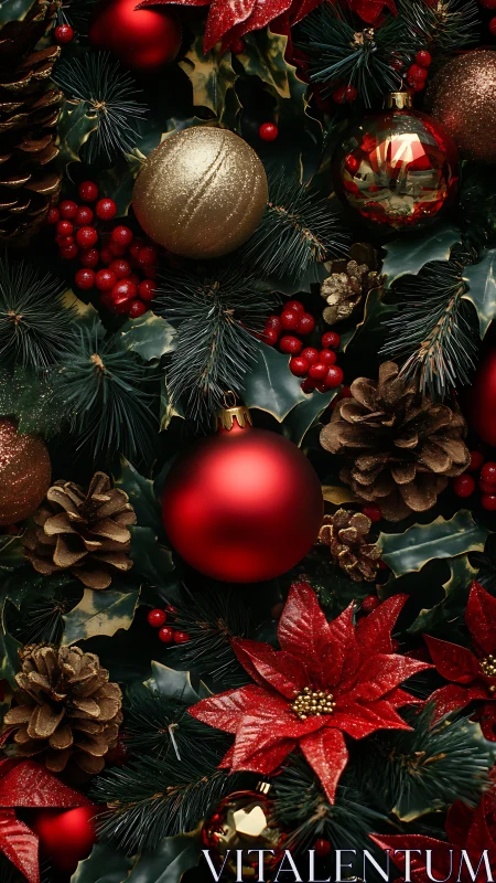 Christmas ornaments, pine cones and poinsettias arrangement.