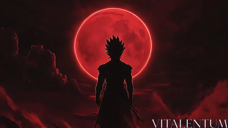 Lone anime warrior confronts a blazing crimson moon sky