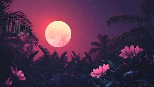 Pink full moon over tropical palms and flowers at night.