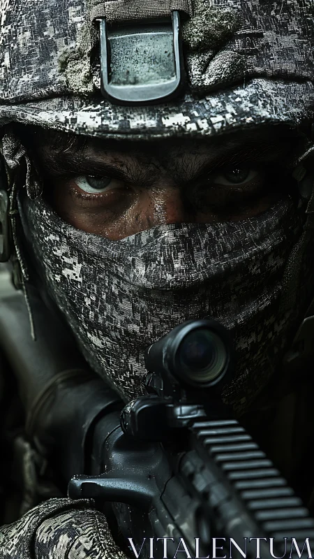 Camouflaged sniper portrait with rifle and intense gaze.