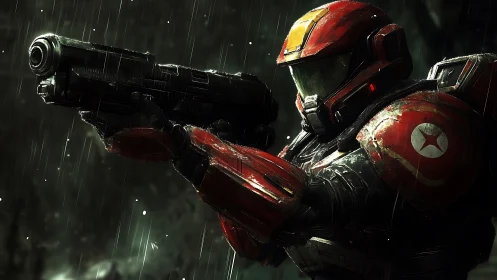 Armored sci fi soldier aims heavy weapon in pouring rain.