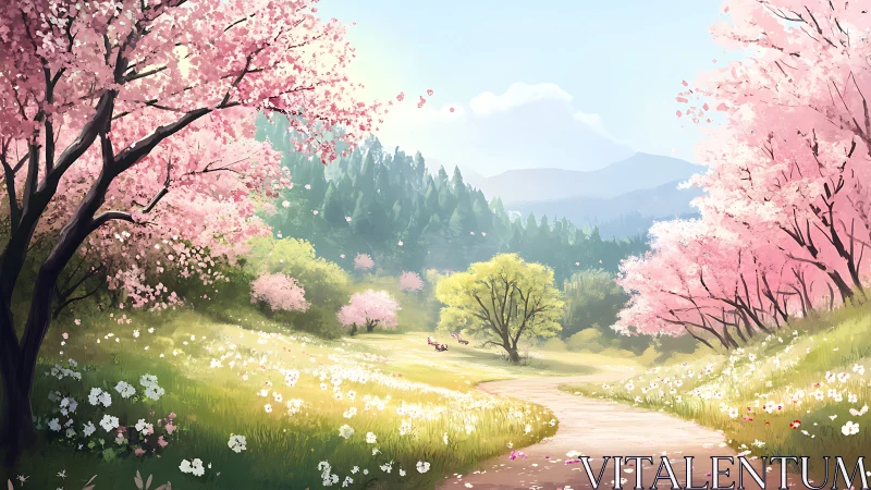 Spring valley path with blooming cherry trees and distant hills