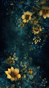 Golden Flowers on Teal: Night Garden Digital Art.