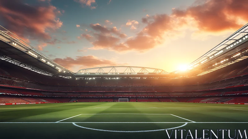 Golden evening calm over a sunlit football stadium field.