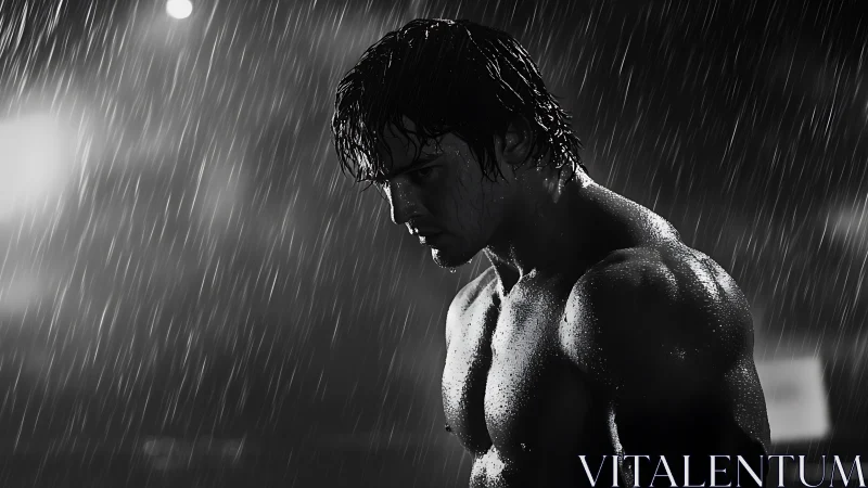 Moody monochrome portrait shows muscular man standing in rain