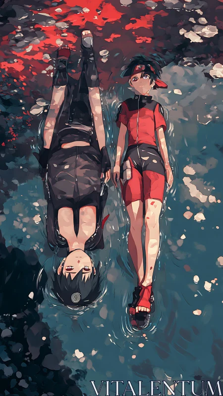 Anime duo lying in shallow water with red reflections.
