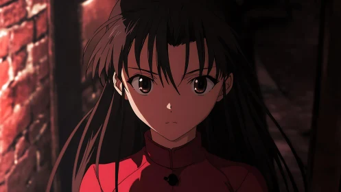 Anime girl in red jacket standing in dim alleyway scene.
