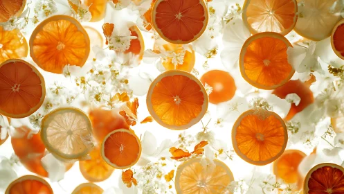 Translucent citrus cross‑sections in luminous botanical suspension.
