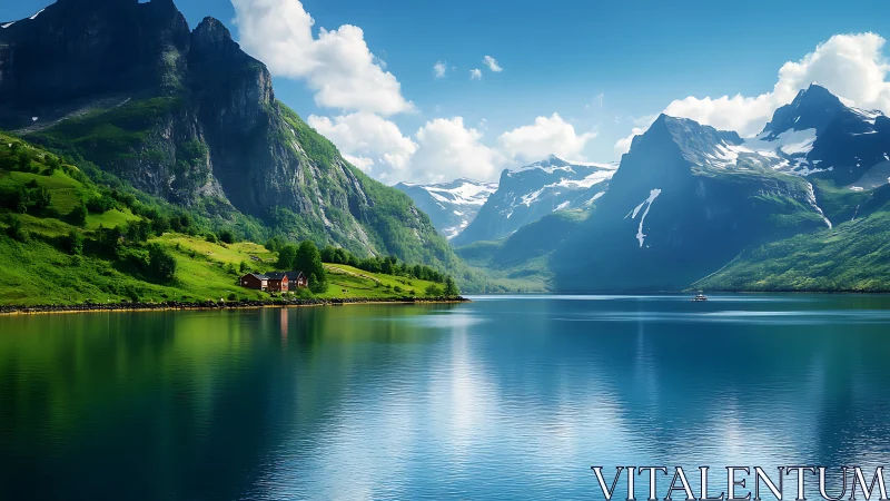 Mountain lake valley with cabins and snow peaks at midday.