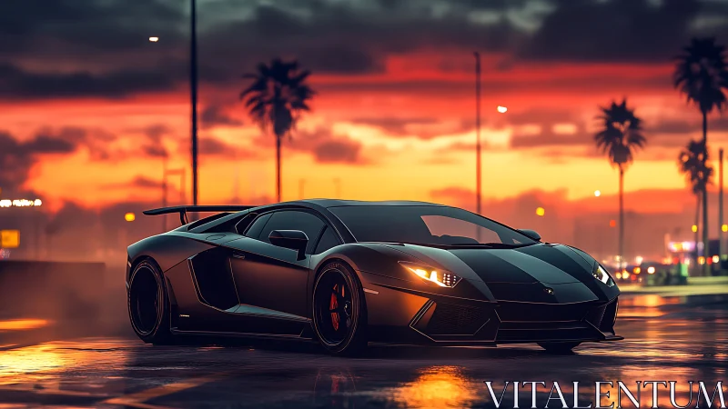 Low-angle view of black sports car on wet city street.