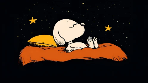 Sleepy puppy drifts on a cozy starry-night pillow bed.
