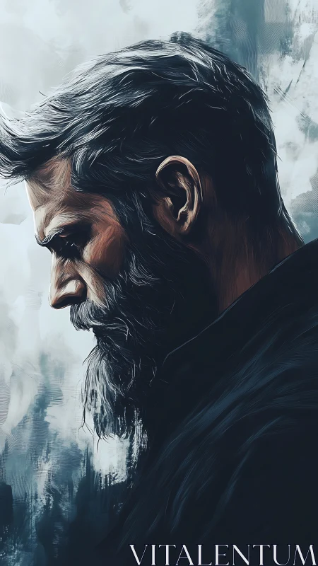 Brooding bearded man portrait in side profile painting.