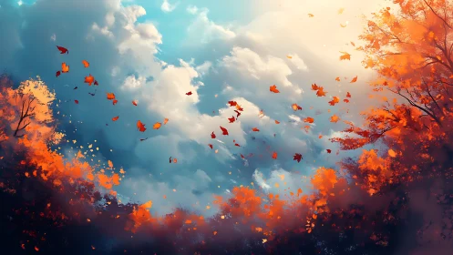 Autumn leaves drift across bright cloudy sky between trees