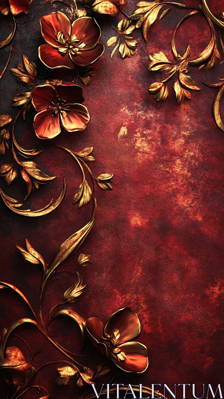 Golden floral scrollwork on rich red textured backdrop.