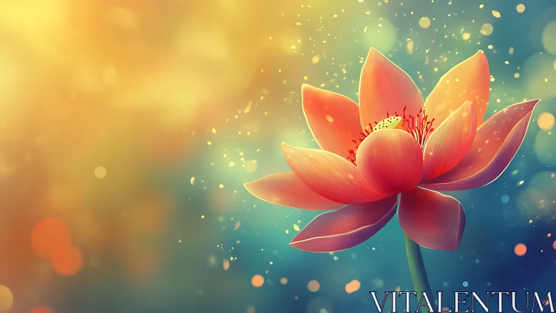 Digitally rendered lotus flower with gradient background and particle effects