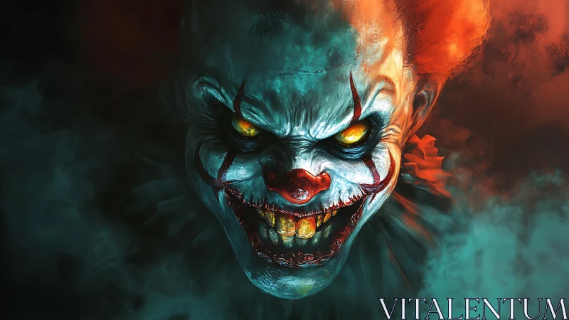 Sinister demonic clown grins from swirling colored fog.