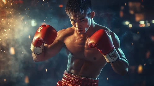 Boxer in Red Gloves Ready for Combat