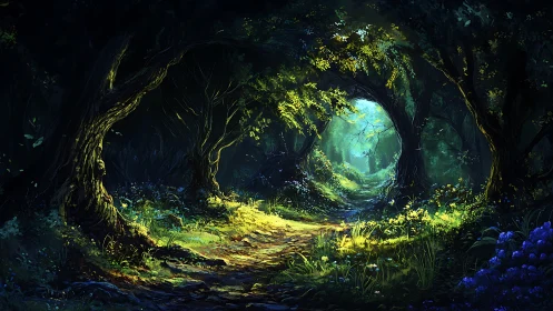 Bioluminescent Forest Grotto with Subterranean Luminescence and Verdant Tunnel Architecture