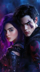 Digital painting of dual protagonists in neon arcane armor.