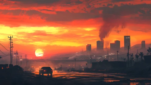 Smoldering city skyline welcomes a lone car at fiery sunset