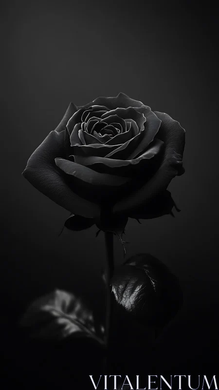 Velvety black rose glowing softly in gentle shadows.