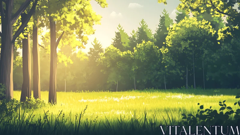 Forest clearing with deciduous and coniferous trees at daylight.