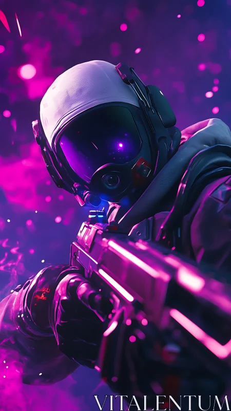 Neon void ranger aims through cosmic magenta gunfire haze.