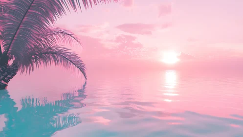 Palm tree silhouette stands over pastel ocean at sunset