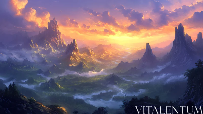 Mythic sunrise over misted spires in vast fantasy valley.