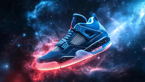 Single athletic sneaker isolated against cosmic nebula background.