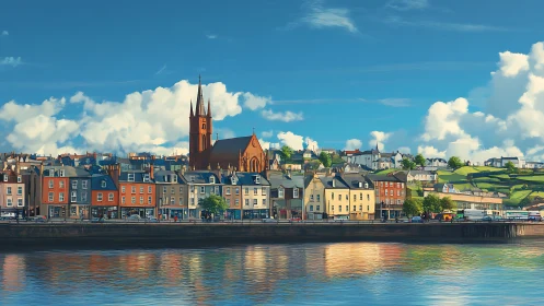 Waterfront townscape shows colorful houses and tall brick church