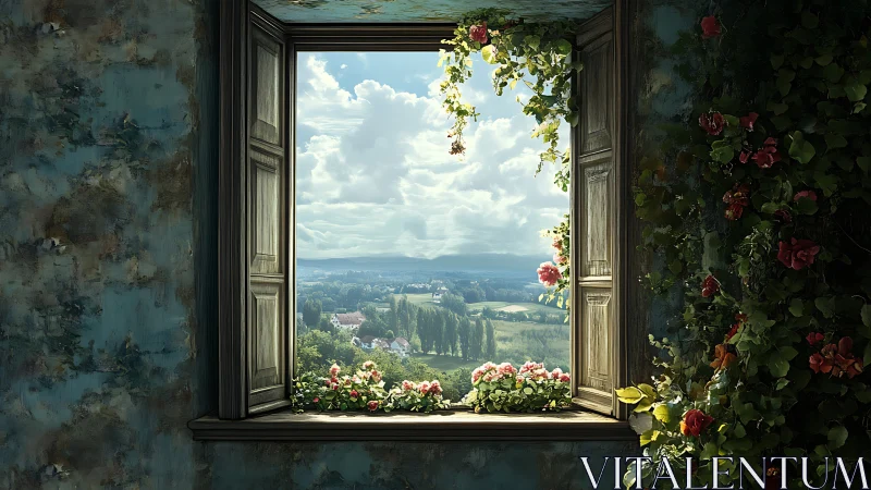 Sunlit countryside framed by rustic window and flowers.