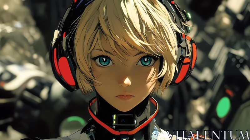 Calm cyborg girl meets the viewer with bright teal eyes