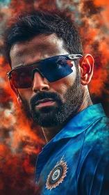Cricket portrait with intense glare and fiery backdrop.