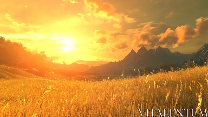 Golden hour wheat field before silhouetted mountain range