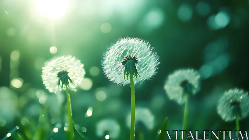 Backlit Dandelion Seedheads in Morning Light.
